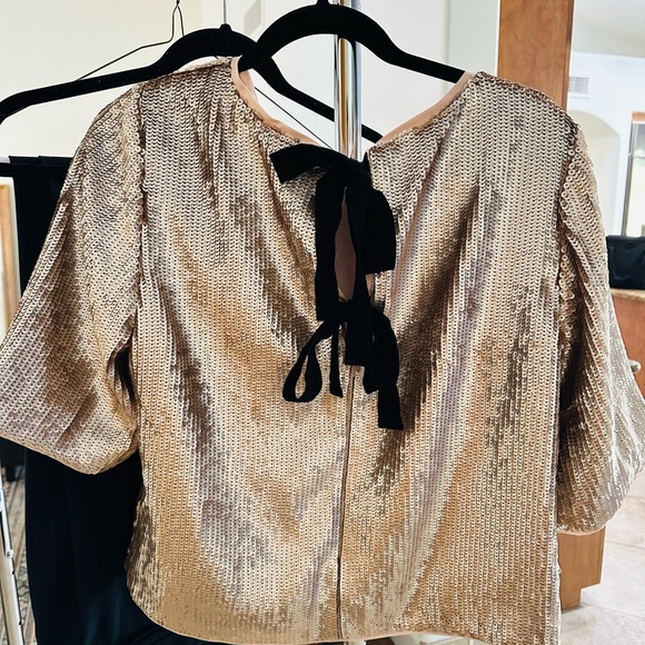 J. Crew Shimmering Gold Sequin Boxy Blouse Top w Black Ribbon Bow Ties Size 10 - Picture 8 of 11